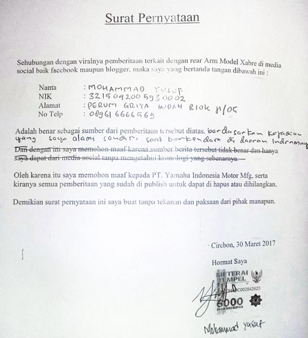 Surat permohonan maaf dari Mohammad  Yusuf dan meminta pemberitaan yang salah dihapus atau dihilangkan